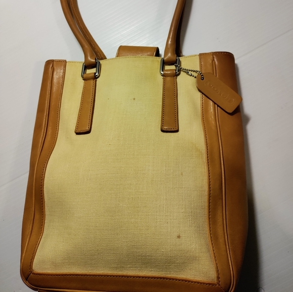 VINTAGE COACH 9429 BONNIE BUCKET LINEN LEATHER TAN CREAM SHOULDER BAG - Picture 4 of 13